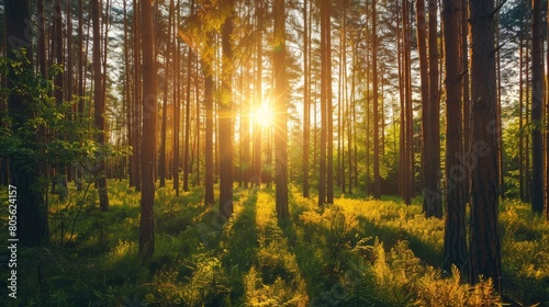Sunlight streaming through tall forest trees. Nature and tranquility concept.