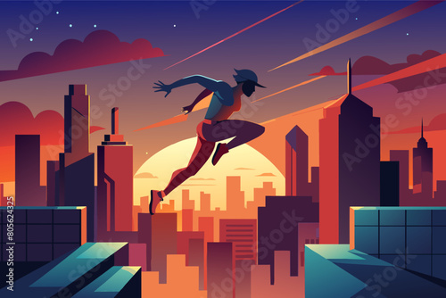 Illustration of a superhero jumping between rooftops in a futuristic cityscape at sunset, with a dramatic sky and vibrant colors.