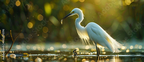 Graceful egret wades through calm water, searching for fish in a tranquil and peaceful setting. photo