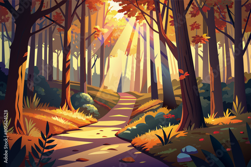 Illustration of a serene forest pathway flanked by tall trees with sunlight filtering through the leaves, casting long shadows on the ground, in a warm autumn setting.