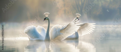 Two elegant swans glide gracefully across a misty lake, displaying beauty and tranquility.