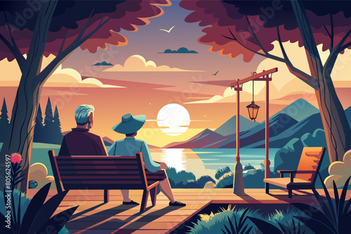 Two people sitting on a park bench overlooking a scenic lake at sunset, framed by trees and mountains, with a street lamp adding to the serene ambiance. photo