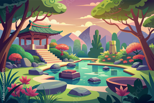 Illustration of a tranquil Asian-style garden with a round pond  fountain  pagoda  and lush greenery in a mountainous setting.