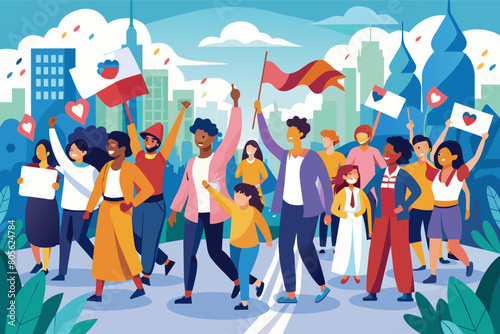 Illustration of a diverse group of people marching in a cityscape background, holding signs and a large flag, depicting a peaceful protest or parade.