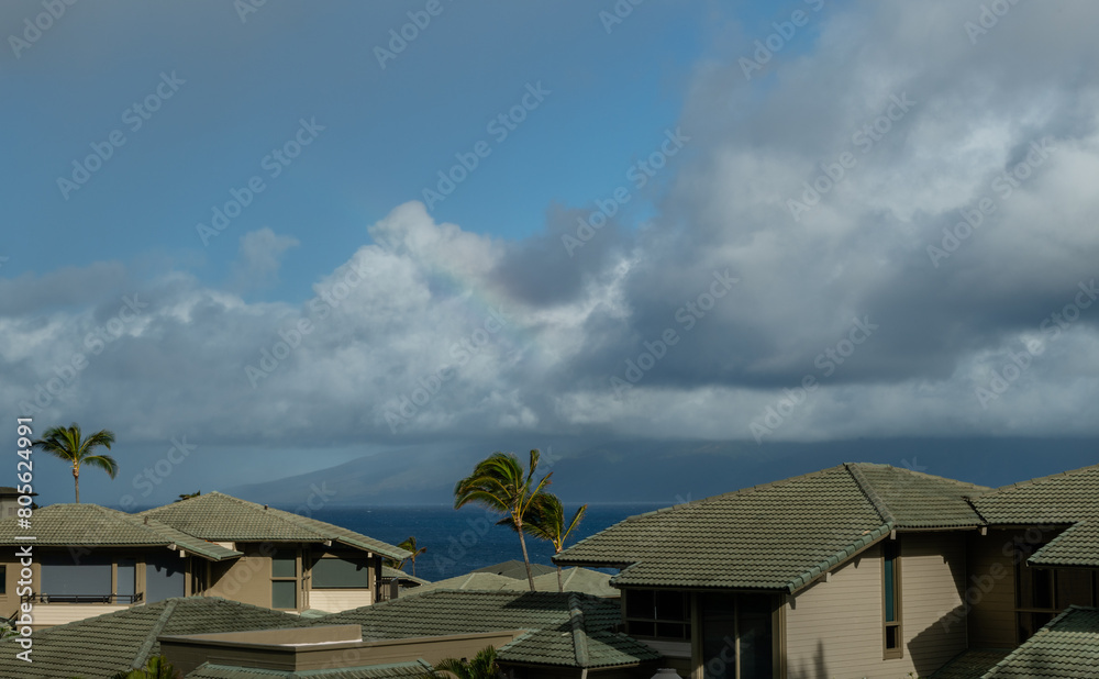 Scenic West Maui vista with a rainbow over Molokai, Hawaii