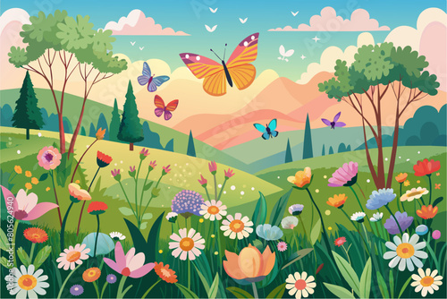 Wallpaper Mural Colorful illustration of a serene landscape featuring a lush meadow with various flowers, butterflies flying, and distant mountains under a partly cloudy sky. Torontodigital.ca