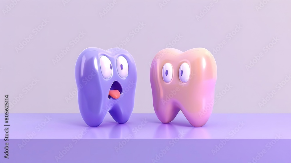 Two pearly white teeth are sitting on a table, chatting. Suddenly, one of them notices something and gasps, causing the other tooth to look on in shock. Two pearly white teeth are sitting on a table, chatting. Suddenly, one of them notices something and gasps, causing the other tooth to look on in shock.
