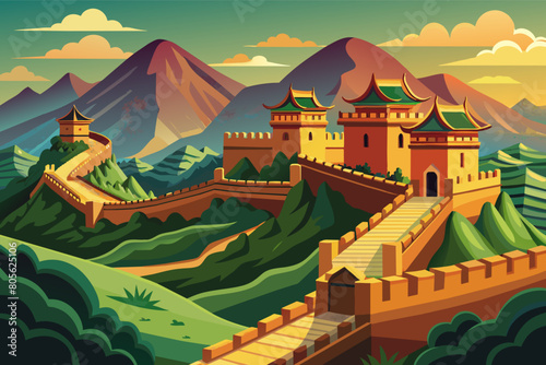 Colorful illustration of a stylized Great Wall of China winding through a lush, green mountainous landscape with traditional pagoda-style towers and distant mountains.