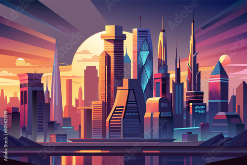 Stylized illustration of a futuristic cityscape at sunset with tall skyscrapers, lit-up buildings, a reflective water body in the foreground, and vibrant, colorful sky in the background.