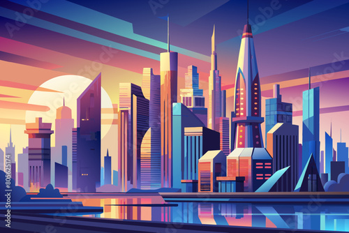 Stylized illustration of a futuristic cityscape at sunset with tall skyscrapers, lit-up buildings, a reflective water body in the foreground, and vibrant, colorful sky in the background.