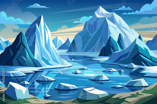 Stylized illustration of an Arctic landscape featuring sharp, towering icebergs, floating ice in a calm sea, and smooth ice-covered shores under a clear blue sky. photo
