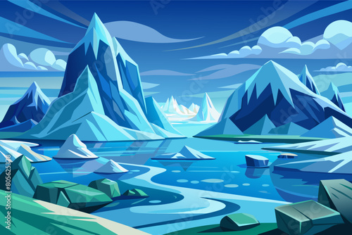 Stylized illustration of an Arctic landscape featuring sharp, towering icebergs, floating ice in a calm sea, and smooth ice-covered shores under a clear blue sky. photo