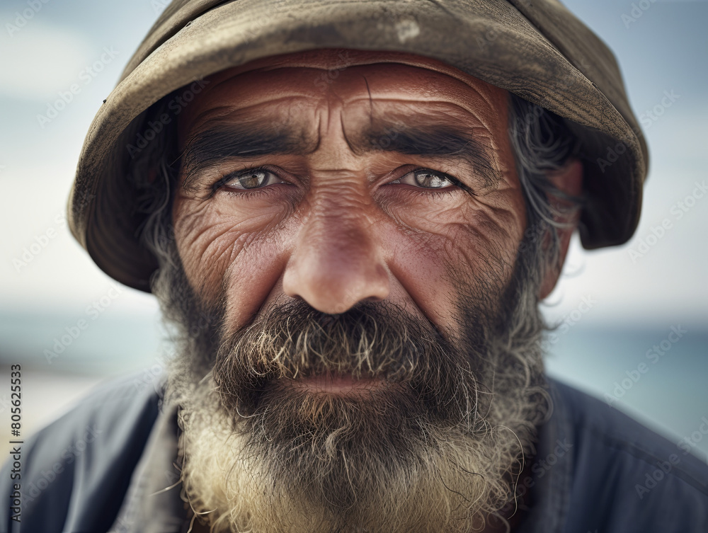 A weathered fisherman, his face lined with years of experience, staring solemnly at the camera, the sea breeze tousling his salt-and-pepper beard, his eyes reflecting the vastness of the ocean behind A weathered fisherman, his face lined with years of experience, staring solemnly at the camera, the sea breeze tousling his salt-and-pepper beard, his eyes reflecting the vastness of the ocean behind