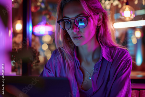 Thinking woman in a purple blouse wearing glasses using laptop, in the style of blue and pink amber, smilecore, academic precision, handcrafted beauty,