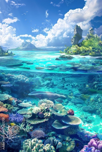 In this underwater scene  a vibrant coral reef thrives next to a tropical island. The coral is teeming with various marine life  while the island is surrounded by clear blue water