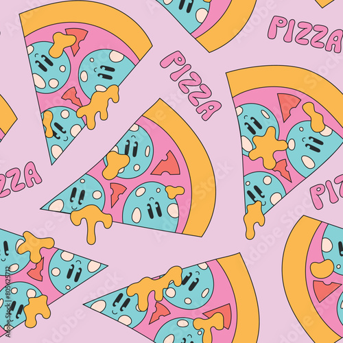 Cute groovy pizza slices seamless pattern. Pepperoni cheese pizza background for fast food, delivery, package
