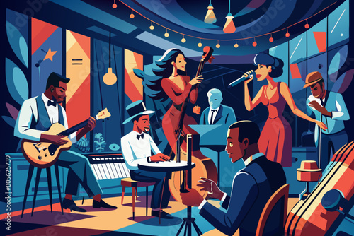 Vibrant illustration of a jazz club scene with musicians playing a piano, guitar, and double bass, and a woman singing, all surrounded by colorful lighting and urban skyline visible through windows. photo