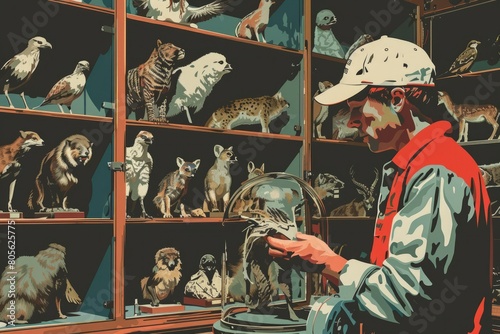 A taxidermist preserving animals for display in museums, Pop Art Illustration --ar 3:2 --v 6 Job ID: 7cc861f1-feda-432d-80a1-654fba6619fc photo