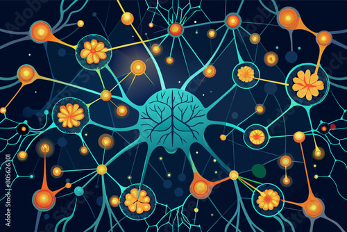 Illustration of a stylized neuron with multiple branching dendrites and synapses highlighted in orange and yellow against a dark blue background.