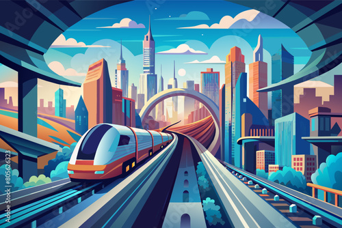 Illustration of a futuristic cityscape with a high-speed train traveling along elevated tracks, surrounded by modern, stylized skyscrapers and a glowing sunset in the background.