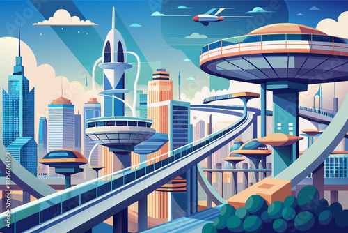 Vibrant illustration of a futuristic cityscape with an elevated train gliding along curving tracks, surrounded by tall, stylized skyscrapers, a circular building, and busy roads with cars
