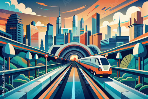 Illustration of a futuristic cityscape with a high-speed train traveling along elevated tracks, surrounded by modern, stylized skyscrapers and a glowing sunset in the background.