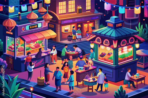 Vibrant night market scene with multiple food stalls, neon signs, colorful lanterns, and people shopping and dining.