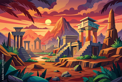 Ancient ruins landscape at sunset, featuring Roman columns, Egyptian pyramids, and Mesopotamian ziggurat structures, set against a vivid sky with a setting sun and mountain backdrop.