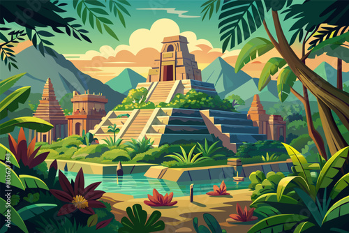 Colorful illustration of an ancient Mesoamerican landscape featuring multiple stepped pyramids surrounded by lush, tropical vegetation, with mountains in the background under a warm, sunset sky.