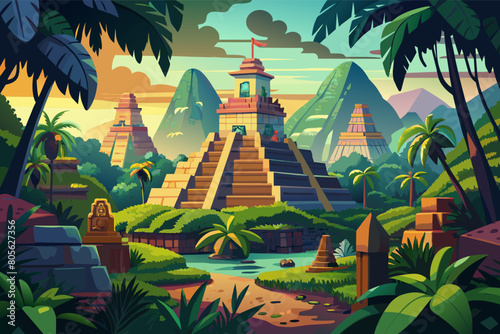Colorful illustration of an ancient Mesoamerican landscape featuring multiple stepped pyramids surrounded by lush, tropical vegetation, with mountains in the background under a warm, sunset sky.