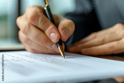 Close-up unrecognizable businessman signing contract to starting project investment putting signature on legal document photo