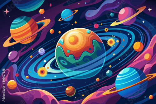 Colorful illustration of a vibrant outer space scene featuring various stylized planets with swirling patterns, surrounded by stars and comet trails on a dark purple background.