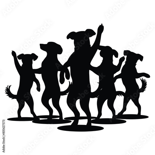 Silhouette of multiple dogs on a white background dancing
