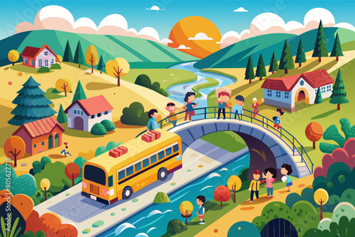 Colorful illustration of a rural landscape scene, featuring a school bus crossing a bridge over a river, children walking and playing, and houses nestled among rolling hills and mountains