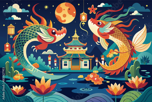 Colorful illustration of a whimsical  Asian-inspired landscape featuring two dragons  one red and one blue  flying around a traditional pagoda under a moonlit sky