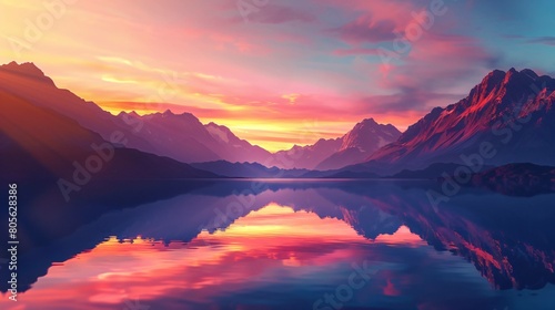 Majestic mountain range silhouetted against a vibrant sunset sky, reflecting in a tranquil lake below #805628386