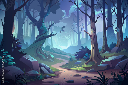 Mystical forest scene with towering trees  a winding path  and glowing orbs  depicted in shades of blue and purple.