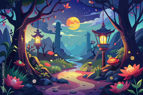 Illustration moonlit landscape with vibrant colors, featuring a path through a forest leading to a traditional Asian temple. The scene is adorned with red lanterns hanging from trees and a large