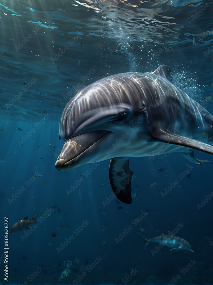Fototapeta premium A dolphin swimming in the warm waters of the ocean.