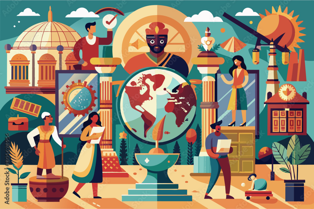 Colorful illustration of a diverse group of people engaged in ...