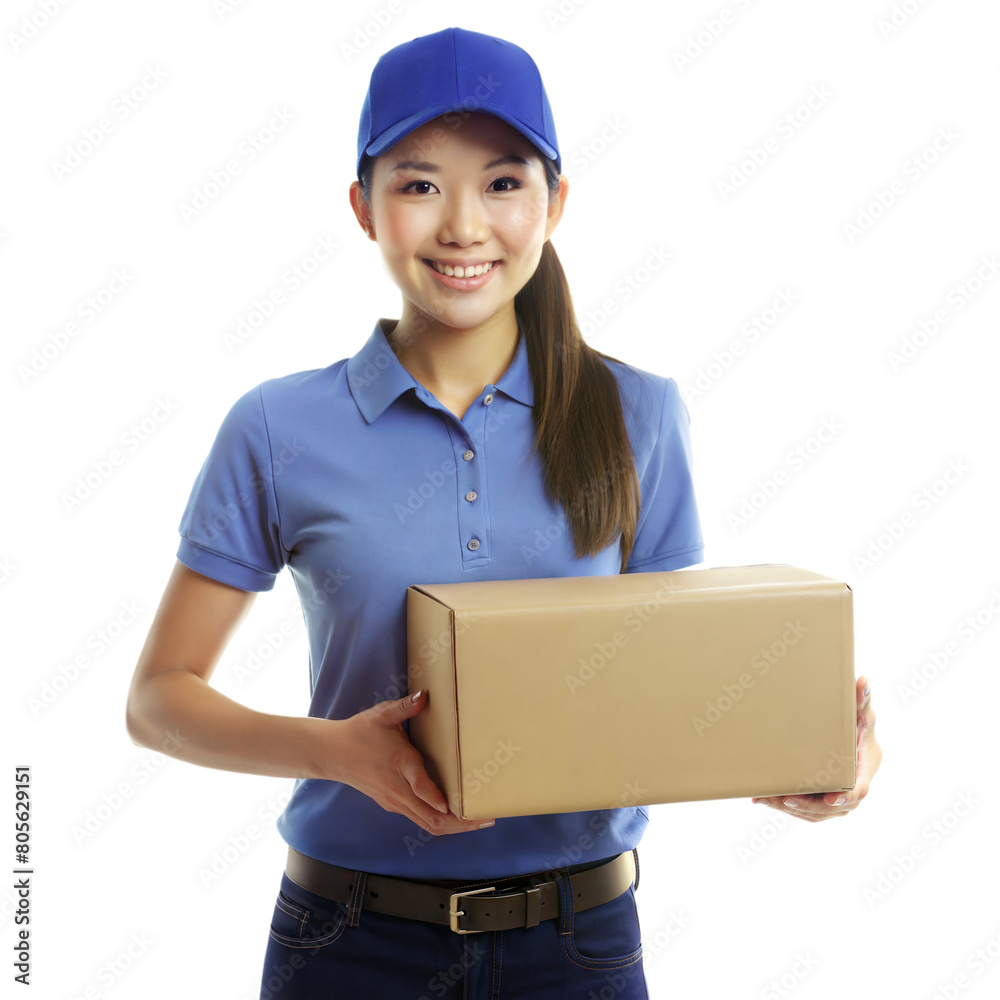 Smiling Delivery Woman in Blue Uniform Presenting a Package Indoors Smiling Delivery Woman in Blue Uniform Presenting a Package Indoors