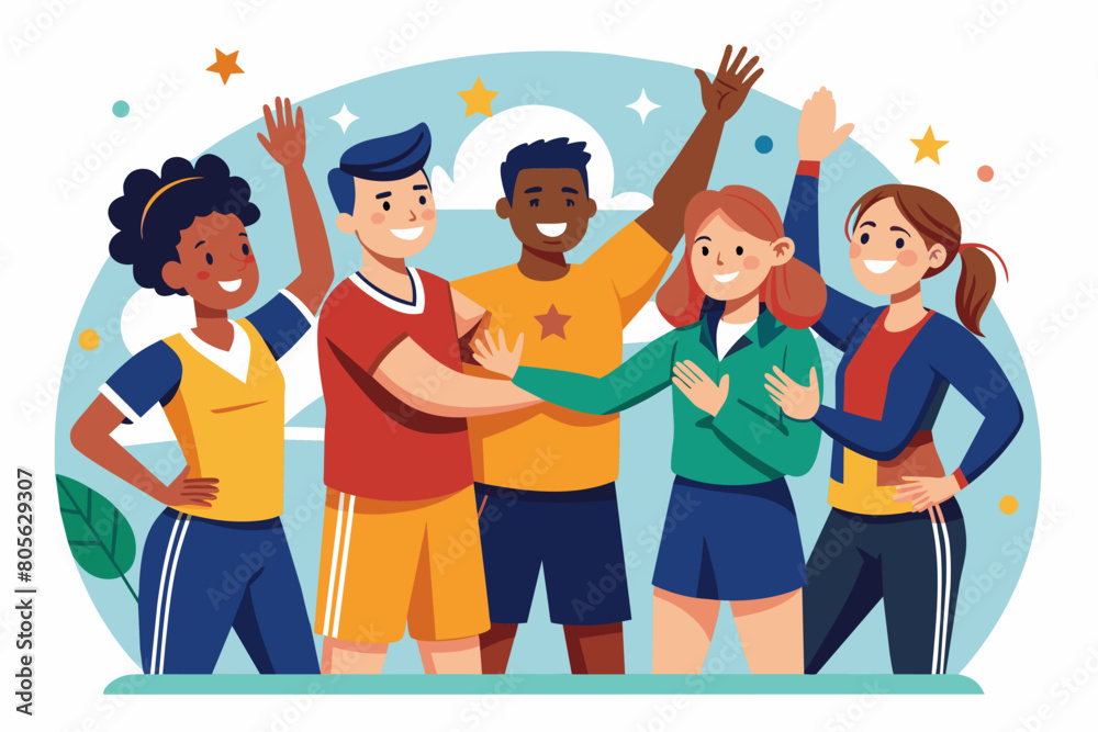 Illustration of a diverse group of five young adults in soccer attire, smiling and posing together with a soccer ball, surrounded by decorative stars and foliage. Illustration of a diverse group of five young adults in soccer attire, smiling and posing together with a soccer ball, surrounded by decorative stars and foliage.