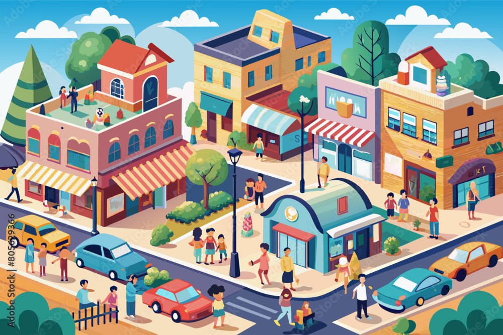 Colorful illustration of a bustling small town scene with various buildings including a cafe, a smoke shop, and a bookstore, along with people walking, chatting, and engaging in daily activities,