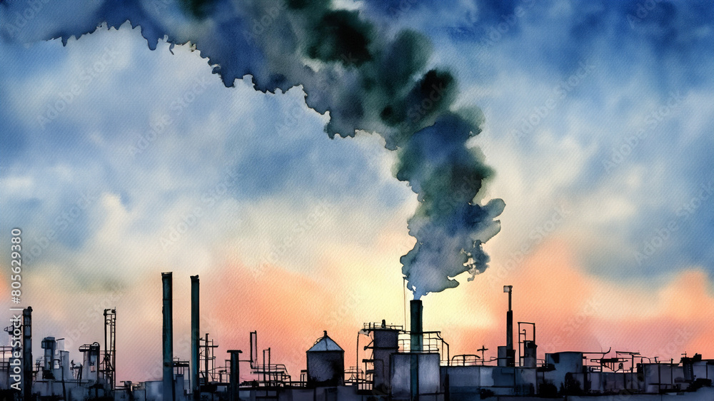 A vivid portrayal of industrial smokestacks discharging dark smoke into a twilight sky