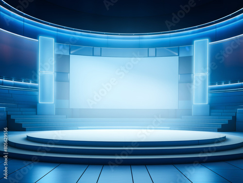 Modern tech conference stage with an empty podium, featuring a large screen background