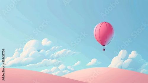 Pink hot air balloon floating above clouds on a blue sky. Digital illustration. Adventure and travel concept