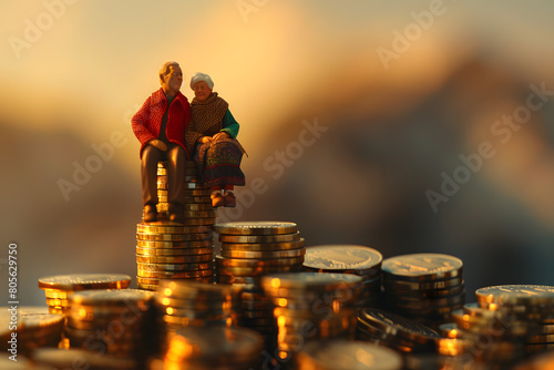 Miniature people  Old couple figure sitting on top of stack coins using as background retirement planning  Life insurance concept.