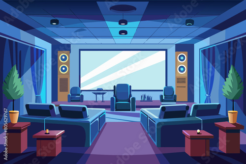 Illustration of a modern home theater room with multiple seats, a large screen, floor speakers, and ambient lighting.