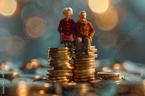 Miniature people, Old couple figure sitting on top of stack coins using as background retirement planning, Life insurance concept. photo