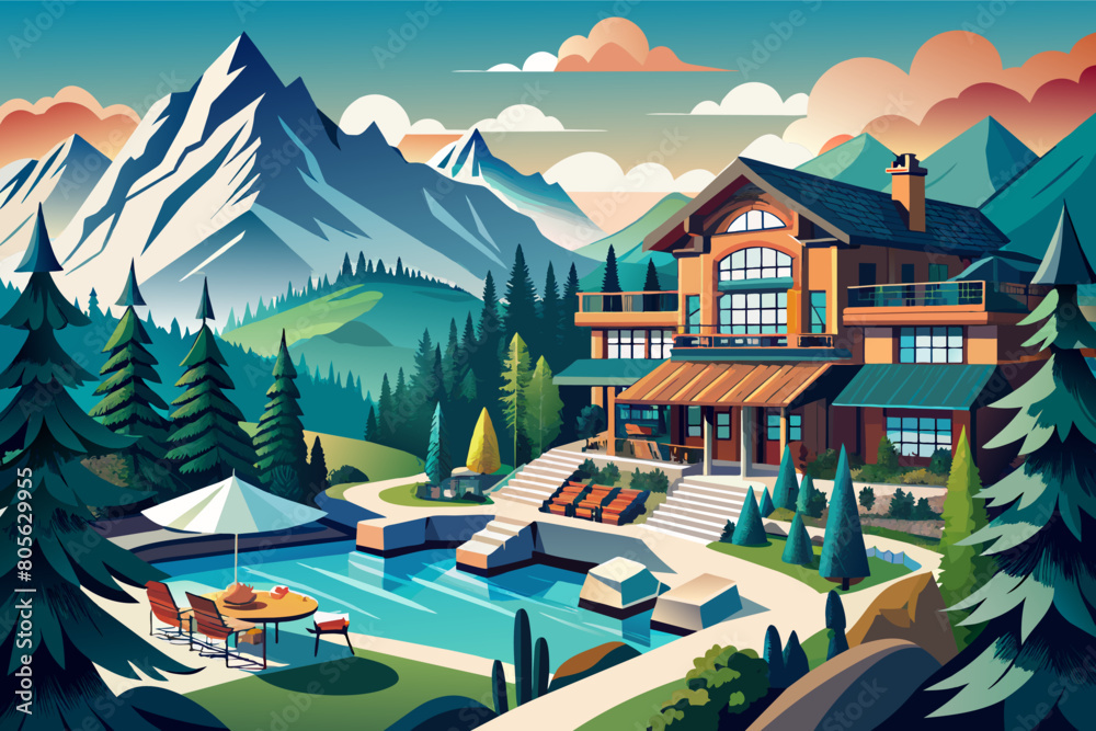 Illustration of an expansive, luxurious mountain lodge overlooking a scenic landscape with towering mountains, pine trees, and an outdoor pool area with loungers and umbrellas.